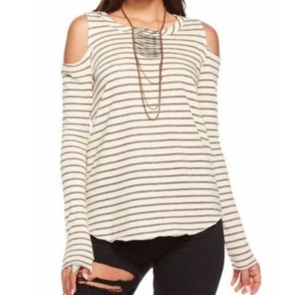 NWT CHASER Long Sleeve Gold Striped Cold Shoulder Top Size Medium - Picture 3 of 5